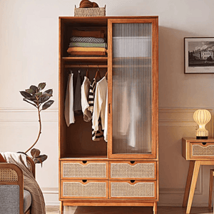 Fritzy Solid Wood Rattan Wardrobe with Sliding Glass Doors & Built - In Coat Hanger Storage – Contemporary Cherrywood Finish Bedroom Closet Cabinet - Sleek Furniture