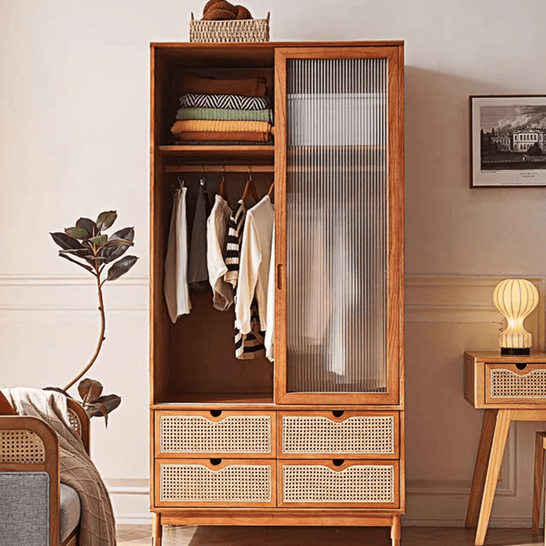 Fritzy Solid Wood Rattan Wardrobe with Sliding Glass Doors & Built - In Coat Hanger Storage – Contemporary Cherrywood Finish Bedroom Closet Cabinet - Sleek Furniture