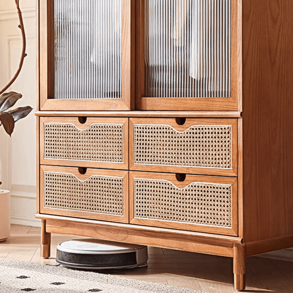 Fritzy Solid Wood Rattan Wardrobe with Sliding Glass Doors & Built - In Coat Hanger Storage – Contemporary Cherrywood Finish Bedroom Closet Cabinet - Sleek Furniture
