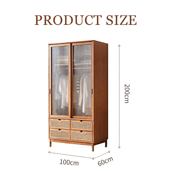 Fritzy Solid Wood Rattan Wardrobe with Sliding Glass Doors & Built - In Coat Hanger Storage – Contemporary Cherrywood Finish Bedroom Closet Cabinet - Sleek Furniture