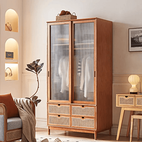 Fritzy Solid Wood Rattan Wardrobe with Sliding Glass Doors & Built - In Coat Hanger Storage – Contemporary Cherrywood Finish Bedroom Closet Cabinet - Sleek Furniture