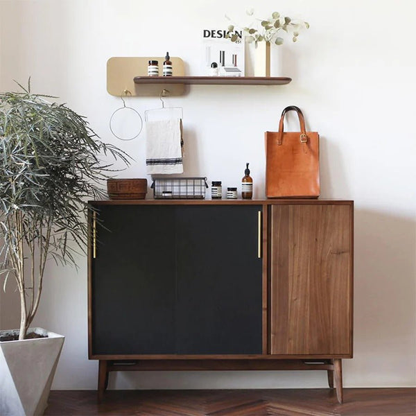 FU3 Modern Shoe Storage Cabinet Unit – Walnut & Black Finish Wooden Hallway Organizer with Multi - Layer Storage – Contemporary Space - Saving Footwear Rack - Sleek Furniture