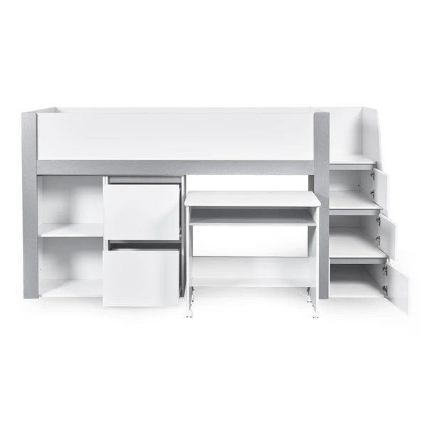 Gaia White & Silver Mid Sleeper Bed with Pull-Out Desk, Storage Drawers, Shelving & Hidden Ladder Cupboard – UK Single (90 x 190cm) - Sleek Furniture