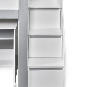 Gaia White & Silver Mid Sleeper Bed with Pull-Out Desk, Storage Drawers, Shelving & Hidden Ladder Cupboard – UK Single (90 x 190cm) - Sleek Furniture