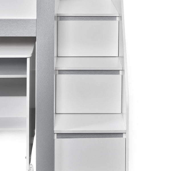 Gaia White & Silver Mid Sleeper Bed with Pull-Out Desk, Storage Drawers, Shelving & Hidden Ladder Cupboard – UK Single (90 x 190cm) - Sleek Furniture