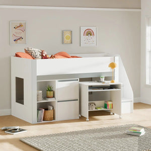 Gaia White & Silver Mid Sleeper Bed with Pull-Out Desk, Storage Drawers, Shelving & Hidden Ladder Cupboard – UK Single (90 x 190cm) - Sleek Furniture