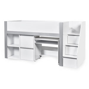 Gaia White & Silver Mid Sleeper Bed with Pull-Out Desk, Storage Drawers, Shelving & Hidden Ladder Cupboard – UK Single (90 x 190cm) - Sleek Furniture