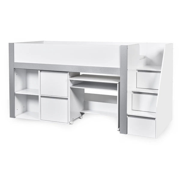 Gaia White & Silver Mid Sleeper Bed with Pull-Out Desk, Storage Drawers, Shelving & Hidden Ladder Cupboard – UK Single (90 x 190cm) - Sleek Furniture
