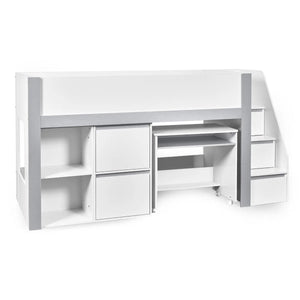 Gaia White & Silver Mid Sleeper Bed with Pull-Out Desk, Storage Drawers, Shelving & Hidden Ladder Cupboard – UK Single (90 x 190cm) - Sleek Furniture