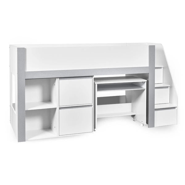 Gaia White & Silver Mid Sleeper Bed with Pull-Out Desk, Storage Drawers, Shelving & Hidden Ladder Cupboard – UK Single (90 x 190cm) - Sleek Furniture