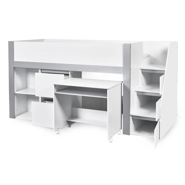 Gaia White & Silver Mid Sleeper Bed with Pull-Out Desk, Storage Drawers, Shelving & Hidden Ladder Cupboard – UK Single (90 x 190cm) - Sleek Furniture