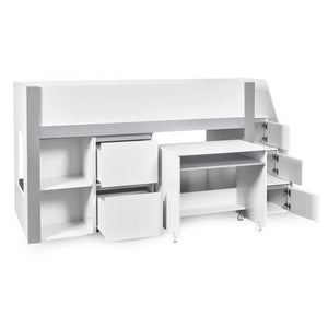 Gaia White & Silver Mid Sleeper Bed with Pull-Out Desk, Storage Drawers, Shelving & Hidden Ladder Cupboard – UK Single (90 x 190cm) - Sleek Furniture