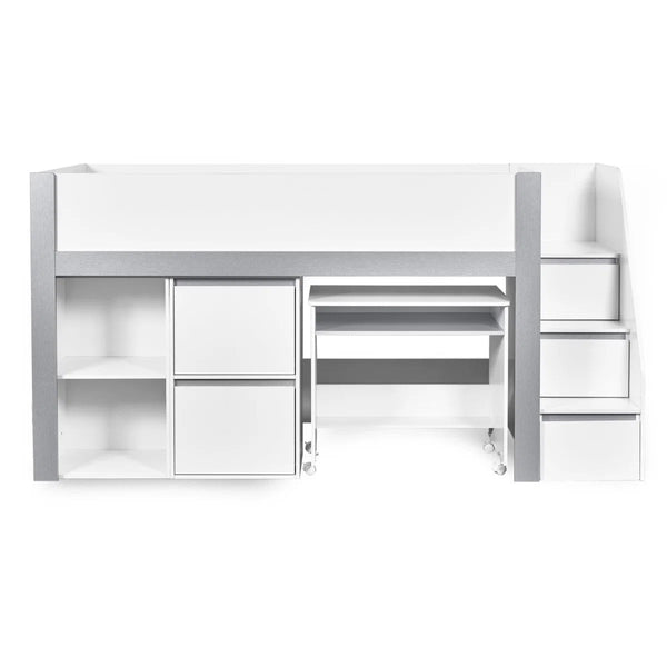 Gaia White & Silver Mid Sleeper Bed with Pull-Out Desk, Storage Drawers, Shelving & Hidden Ladder Cupboard – UK Single (90 x 190cm) - Sleek Furniture