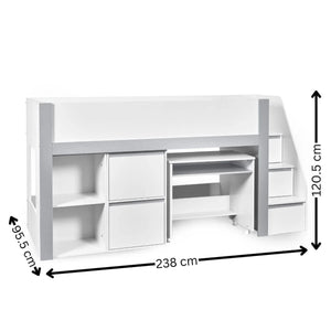 Gaia White & Silver Mid Sleeper Bed with Pull-Out Desk, Storage Drawers, Shelving & Hidden Ladder Cupboard – UK Single (90 x 190cm) - Sleek Furniture
