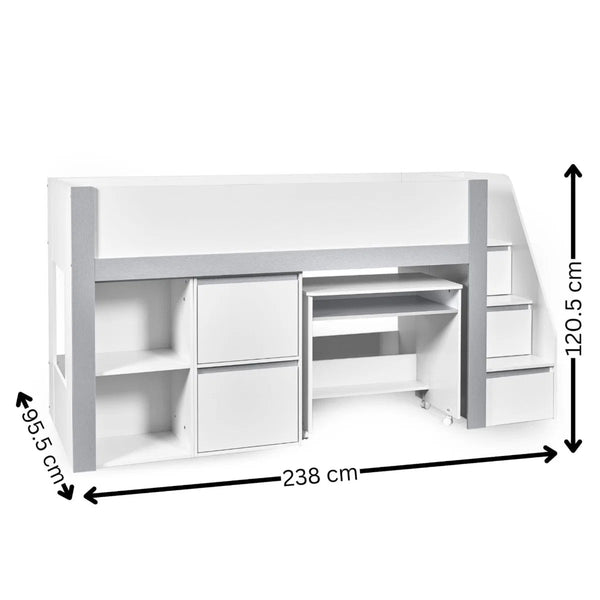 Gaia White & Silver Mid Sleeper Bed with Pull-Out Desk, Storage Drawers, Shelving & Hidden Ladder Cupboard – UK Single (90 x 190cm) - Sleek Furniture