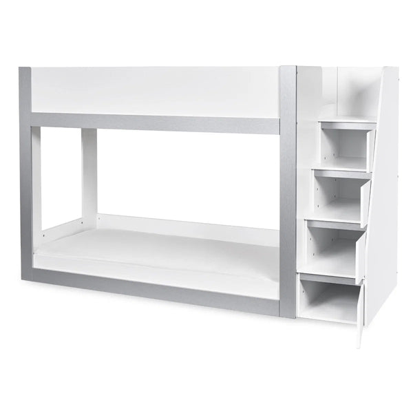 Gaia White & Silver Wooden Single Bunk Bed with Integrated Storage Ladder - Sleek Furniture