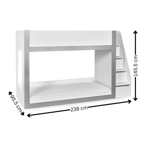 Gaia White & Silver Wooden Single Bunk Bed with Integrated Storage Ladder - Sleek Furniture