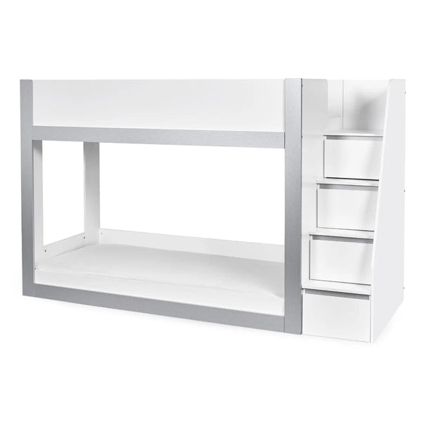 Gaia White & Silver Wooden Single Bunk Bed with Integrated Storage Ladder - Sleek Furniture