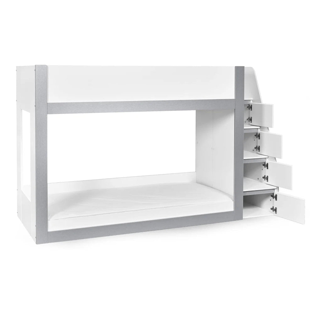 Gaia White & Silver Wooden Single Bunk Bed with Integrated Storage Ladder - Sleek Furniture
