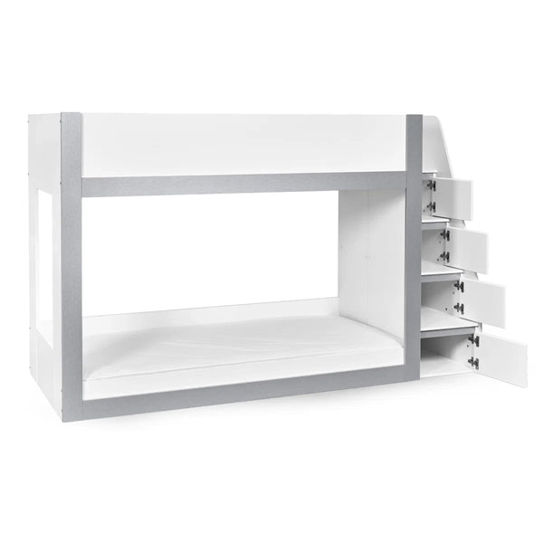 Gaia White & Silver Wooden Single Bunk Bed with Integrated Storage Ladder - Sleek Furniture
