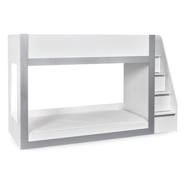 Gaia White & Silver Wooden Single Bunk Bed with Integrated Storage Ladder - Sleek Furniture