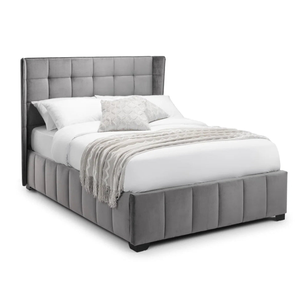 Gatsby 135cm Double Bed Frame in Light Grey Velvet with Winged Upholstered Headboard - Sleek Furniture