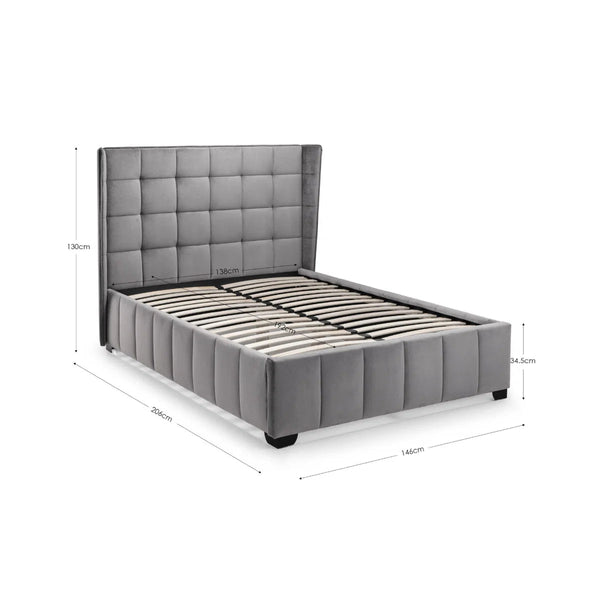 Gatsby 135cm Double Bed Frame in Light Grey Velvet with Winged Upholstered Headboard - Sleek Furniture