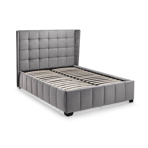 Gatsby 135cm Double Bed Frame in Light Grey Velvet with Winged Upholstered Headboard - Sleek Furniture