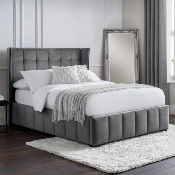 Gatsby 135cm Double Bed Frame in Light Grey Velvet with Winged Upholstered Headboard - Sleek Furniture