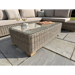 Capri Collection Outdoor Large Corner and Coffee Table Set – Beige Fabric & Glass, Metal Frame, Weather-Resistant Synthetic Wicker - My Store