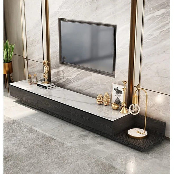 Gibs Extendable TV Stand – Sintered Stone Top & Black Wood Finish, Modern Adjustable Media Console with Steel Frame – Galaxy Grey, Black & White - Sleek Furniture