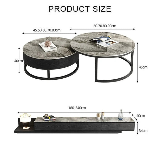 Gibs Extendable TV Stand – Sintered Stone Top & Black Wood Finish, Modern Adjustable Media Console with Steel Frame – Galaxy Grey, Black & White - Sleek Furniture