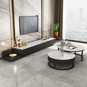 Gibs Extendable TV Stand – Sintered Stone Top & Black Wood Finish, Modern Adjustable Media Console with Steel Frame – Galaxy Grey, Black & White - Sleek Furniture