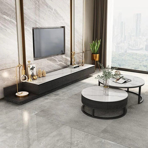 Gibs Extendable TV Stand – Sintered Stone Top & Black Wood Finish, Modern Adjustable Media Console with Steel Frame – Galaxy Grey, Black & White - Sleek Furniture