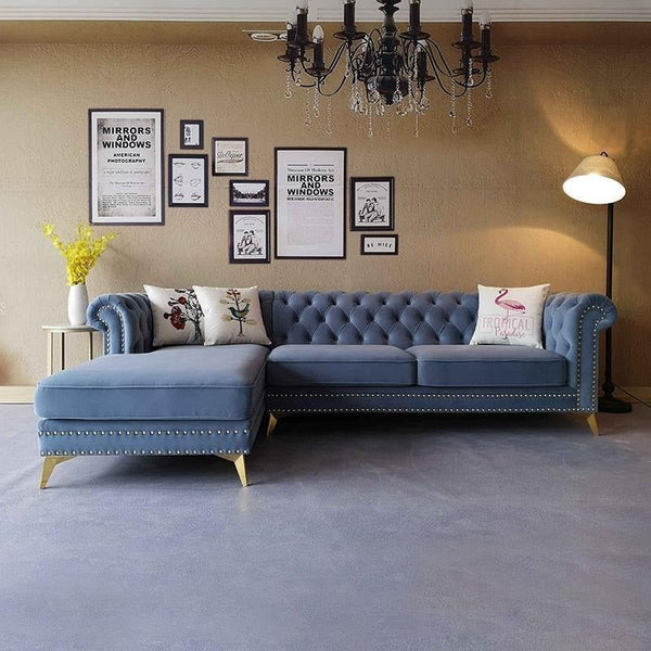 Glamour Velvet Three Seater Corner Sofa | Modern L-Shaped Sofa with Painted Steel Frame – Contemporary Luxury Seating for Living Room (Blue / Dark Blue) - Sleek Furniture