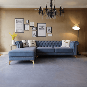 Glamour Velvet Three Seater Corner Sofa | Modern L-Shaped Sofa with Painted Steel Frame – Contemporary Luxury Seating for Living Room (Blue / Dark Blue) - Sleek Furniture