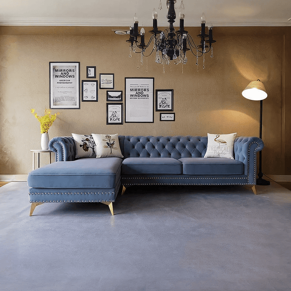 Glamour Velvet Three Seater Corner Sofa | Modern L-Shaped Sofa with Painted Steel Frame – Contemporary Luxury Seating for Living Room (Blue / Dark Blue) - Sleek Furniture