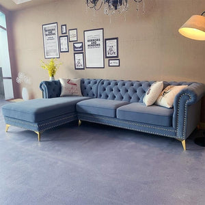 Glamour Velvet Three Seater Corner Sofa | Modern L-Shaped Sofa with Painted Steel Frame – Contemporary Luxury Seating for Living Room (Blue / Dark Blue) - Sleek Furniture