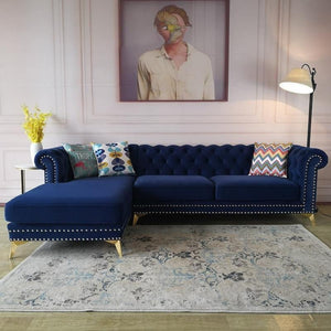Glamour Velvet Three Seater Corner Sofa | Modern L-Shaped Sofa with Painted Steel Frame – Contemporary Luxury Seating for Living Room (Blue / Dark Blue) - Sleek Furniture