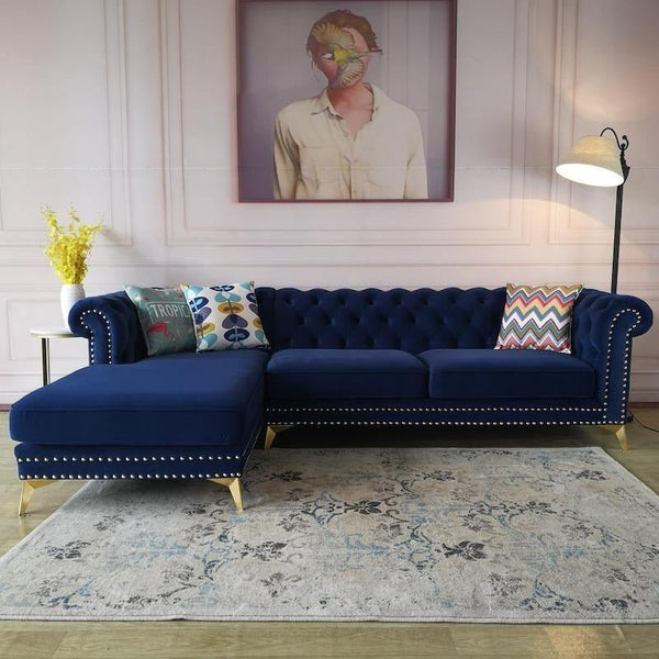 Glamour Velvet Three Seater Corner Sofa | Modern L-Shaped Sofa with Painted Steel Frame – Contemporary Luxury Seating for Living Room (Blue / Dark Blue) - Sleek Furniture