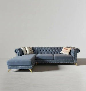 Glamour Velvet Three Seater Corner Sofa | Modern L-Shaped Sofa with Painted Steel Frame – Contemporary Luxury Seating for Living Room (Blue / Dark Blue) - Sleek Furniture