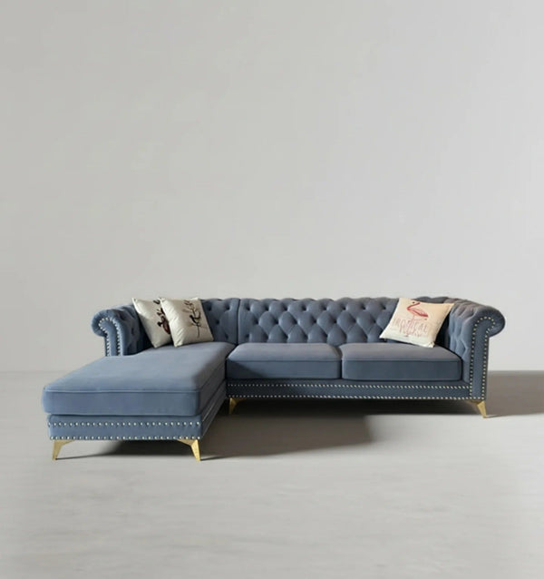 Glamour Velvet Three Seater Corner Sofa | Modern L-Shaped Sofa with Painted Steel Frame – Contemporary Luxury Seating for Living Room (Blue / Dark Blue) - Sleek Furniture