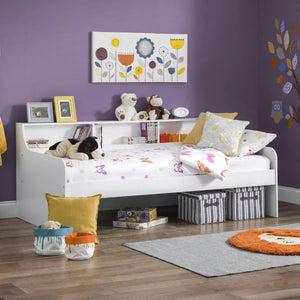 Grace Pure White Wooden Daybed with Built-In Shelving – Modern Single Guest Bed Frame - Sleek Furniture