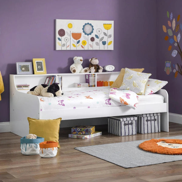 Grace Pure White Wooden Daybed with Built-In Shelving – Modern Single Guest Bed Frame - Sleek Furniture