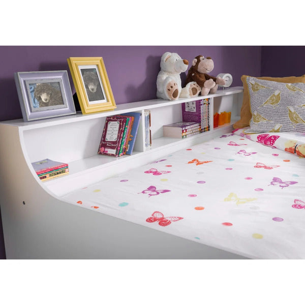 Grace Pure White Wooden Daybed with Built-In Shelving – Modern Single Guest Bed Frame - Sleek Furniture