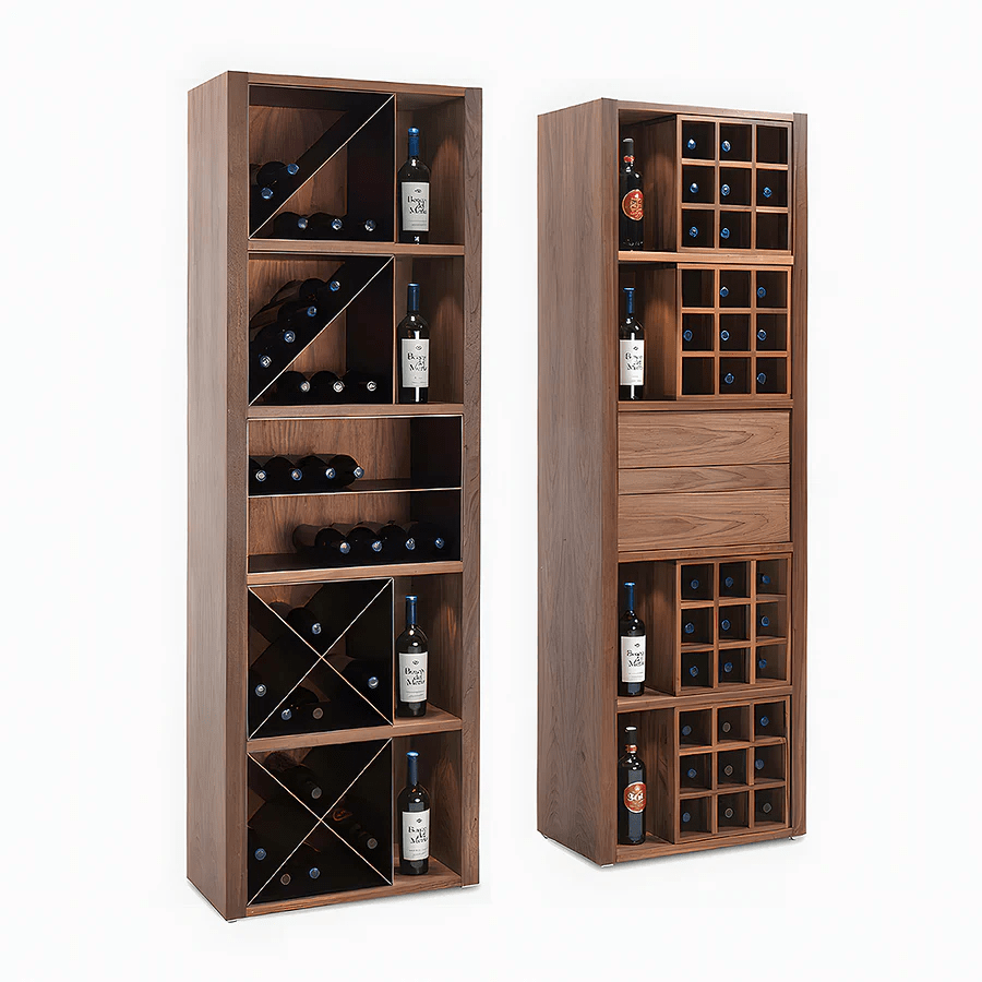 Grace Vintage Wine Cabinet with Wine Rack – Solid Wood Drinks Cabinet with Storage Shelves, Glass Holder & Metal Accents – Walnut Finish – 65×30×201 cm - Sleek Furniture