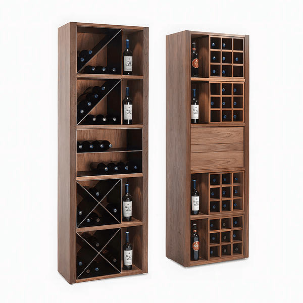 Grace Vintage Wine Cabinet with Wine Rack – Solid Wood Drinks Cabinet with Storage Shelves, Glass Holder & Metal Accents – Walnut Finish – 65×30×201 cm - Sleek Furniture