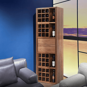 Grace Vintage Wine Cabinet with Wine Rack – Solid Wood Drinks Cabinet with Storage Shelves, Glass Holder & Metal Accents – Walnut Finish – 65×30×201 cm - Sleek Furniture