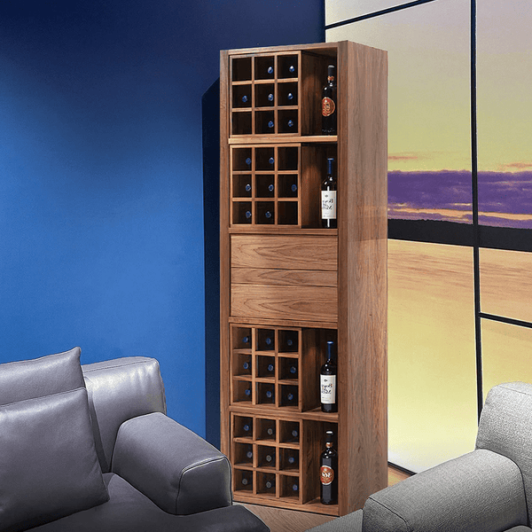 Grace Vintage Wine Cabinet with Wine Rack – Solid Wood Drinks Cabinet with Storage Shelves, Glass Holder & Metal Accents – Walnut Finish – 65×30×201 cm - Sleek Furniture