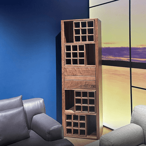 Grace Vintage Wine Cabinet with Wine Rack – Solid Wood Drinks Cabinet with Storage Shelves, Glass Holder & Metal Accents – Walnut Finish – 65×30×201 cm - Sleek Furniture